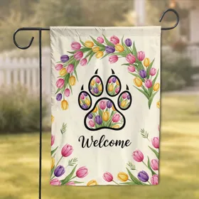 Animal Paw Print Tulips Welcome - Home Decor Gift for Garden Lover Garden Flag