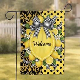 Welcome Lemon Gingham Bow Floral Baroque Filigree Polka Dot Home Decor Display Garden Flag