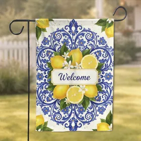 Welcome Lemon Blossom Blue Floral Botanical - Home Decor Gift Garden Flag