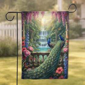 Majestic Peacocks Wisteria Butterflies Waterfall Balustrade - Home Decor Gift Garden Flag