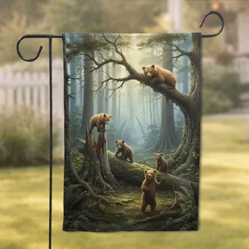 Four Bear Cubs Deep Ancient Forest Clearing - Nature Home Decor Wildlife Gift Garden Flag