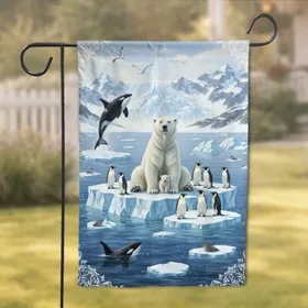 Polar Bear Penguins Orcas Arctic Mountains - Wildlife Lover Home Decor Gift Garden Flag