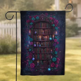 Arcane Library Bookshelf Roses - Mystical Home Decor Gift for Book Lover Garden Flag