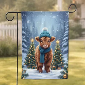 Baby Highland Cow Beanie Christmas Snow Trees Forest - Holiday Gift for Cow Lover Garden Flag