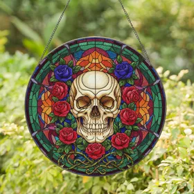 Golden Amber Bone Skull Crimson Red Royal Purple Roses - Home Decor Gift Stained Glass Suncatcher