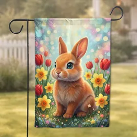 Baby Rabbit Tulips Daffodils Wildflowers - Wildlife Lover Home Decor Gift Garden Flag