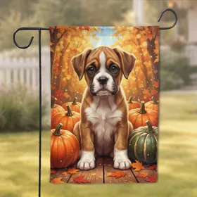 Boxer Puppy Pumpkins Autumn Forest Home Decor Gift for Dog Lover Garden Flag
