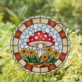 Tiffany Stained Glass Red Mushroom Orange Daisy Flowers - Home Decor Gift for Garden Lover Stained Glass Suncatcher