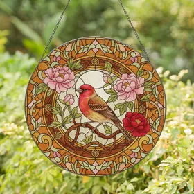Red-Headed Finch Peony Baroque Frame - Home Decor Gift for Bird Lover Stained Glass Suncatcher