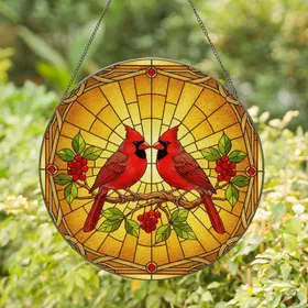 Cardinal Pair Gnarled Branch Berries Leaves Scrollwork - Wildlife Lover Home Decor Gift Stained Glass Suncatcher