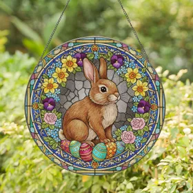 Bunny Rabbit Spring Flowers Easter Eggs Stained Glass - Easter Home Decor Gift Stained Glass Suncatcher
