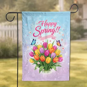 Blooming Tulips Butterflies Happy Spring Script - Spring Celebration Home Decor Gift Garden Flag