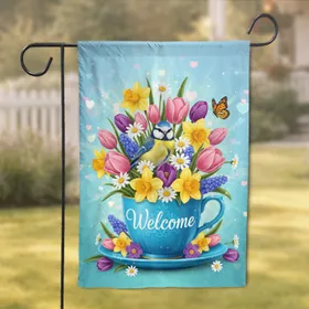 Welcome" Teacup Spring Flowers Blue Tit Bird - Garden Home Decor Gift Garden Flag