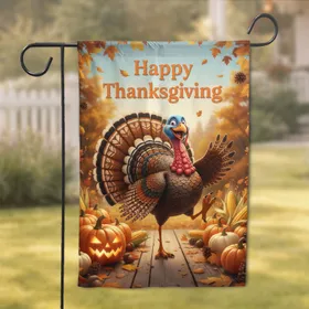 Stylized Turkey Happy Thanksgiving Scene - Holiday Decor for Fall Host Garden Flag