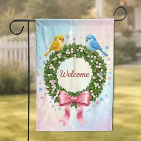 Welcome Wreath Cartoon Birds - Home Decor Gift for Bird Lover Garden Flag