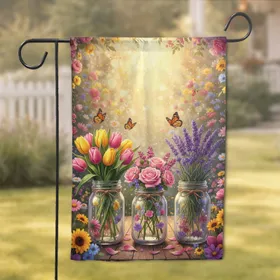 Mason Jar Bouquets Butterflies Wildflowers - Farmhouse Home Decor Gift for Garden Lover Garden Flag