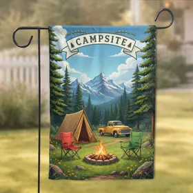 Campfire Camping Scene Mountain Trees - Outdoor Lover Home Decor Gift Garden Flag