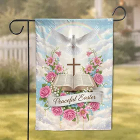 White Dove Bible Cross Spring Flowers Rainbow Clouds - Peaceful Easter Holiday Gift Garden Flag
