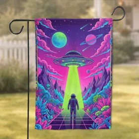 Astronaut UFO Glowing Alien World Synthwave - Sci-Fi Home Decor Gift Garden Flag
