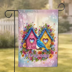Blue Songbird Birdhouses Wildflowers Welcome Text - Home Decor Gift Garden Flag