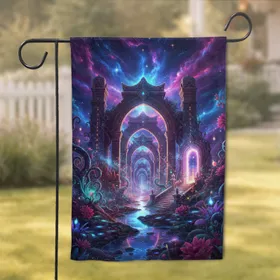 Glowing Ancient Temple Ruins Archways Cosmic Nebula Sky - Home Decor Gift for Fantasy Lovers Garden Flag