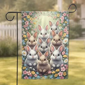 Seven Fluffy Baby Bunnies Wildflower Garden Lush Greenery - Spring Home Decor Gift Garden Flag