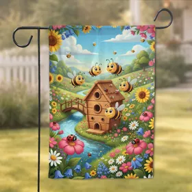 Beehive Cartoon Bees Wildflower River - Home Decor Gift for Bee Lover Garden Flag