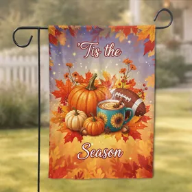 'Tis the Season Pumpkin American Football Autumn Leaves - Fall Harvest Home Decor Gift Garden Flag