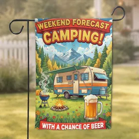 Vintage Travel Trailer Campsite Campfire Beer - Weekend Getaway Gift Garden Flag