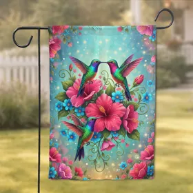 Iridescent Hummingbird Bloom Garden - Wildlife Lover Home Decor Gift Garden Flag
