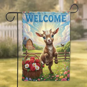 Baby Goat Welcome Sign Pastoral Scene Farmhouse Home Decor Gift for Goat Lovers Garden Flag