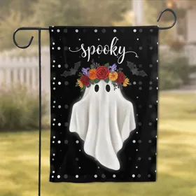 Ghost Floral Crown Bats Spooky Polka Dots - Spooky Season Home Decor Garden Flag