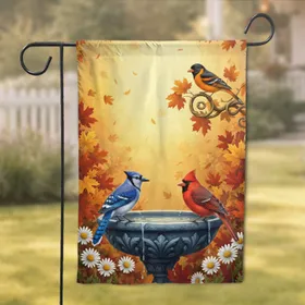 Blue Jay Cardinal Birdbath Autumn Scene - Nature Lover Garden Gift Garden Flag