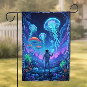 Astronaut Alien World Glowing Jellyfish Mushrooms Cosmic Sky Terrain Sci-Fi Lover Gift Garden Flag