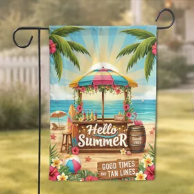 Hello Summer Tiki Hut Tropical Beach Flamingo - Summer Celebration Decor Garden Flag