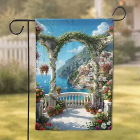 Ornate Mediterranean Balcony Cliffside Town Sea Vista - Travel Lover Home Decor Gift Garden Flag