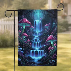 Bioluminescent Waterfall Mystical Mushrooms Enchanted Forest - Home Decor Gift Garden Flag