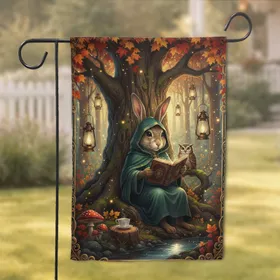 Enchanted Forest Rabbit Reading Book - Magical Fantasy Home Decor Gift for Readers Garden Flag