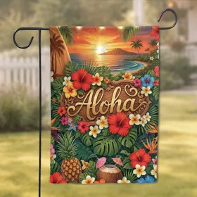 Aloha Sign Tropical Sunset Island - Tropical Lifestyle Home Decor for Hawaii Lovers Garden Flag