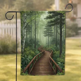 Winding Wooden Boardwalk Path Birch Pine Trees Lush Forest - Home Decor Gift Garden Flag