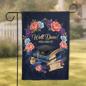 Well Done Graduation Cap Books Scroll Floral - Achievement Gift for Graduates Garden Flag