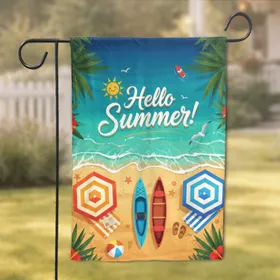 Hello Summer Beach Scene Boats Umbrellas - Summer Decor Gift Garden Flag