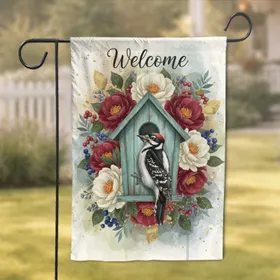 Hairy Woodpecker Welcome Birdhouse Floral - Wildlife Lover Home Decor Gift Garden Flag