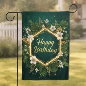 Happy Birthday Golden Script Hexagonal Frame Tropical Flowers - Birthday Celebration Garden Flag