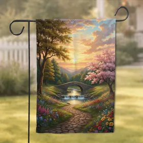 Arched Stone Bridge Cobblestone Path Sunset Landscape - Nature Lover Home Decor Gift Garden Flag