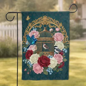 Ornate Golden Birdcage Birds Roses Peonies White Blue Flowers Butterfly Filigree - Home Decor Gift Garden Flag