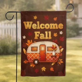 Vintage Travel Trailer Welcome Fall Autumn Leaves - Home Decor Gift for Camper Lover Garden Flag