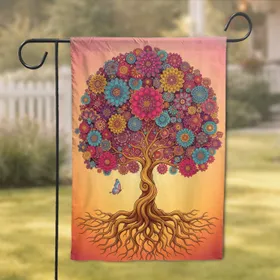 Tree of Life Butterfly Floral Mandala - Home Decor Gift for Spiritual Folk Art Lover Garden Flag