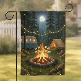 Campfire Marshmallow Tent Scene - Moonlit Forest Night Camping Decor Gift Garden Flag