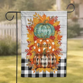 Happy Blessed Grateful Pumpkins Autumnal Foliage - Fall Season Home Decor Garden Flag